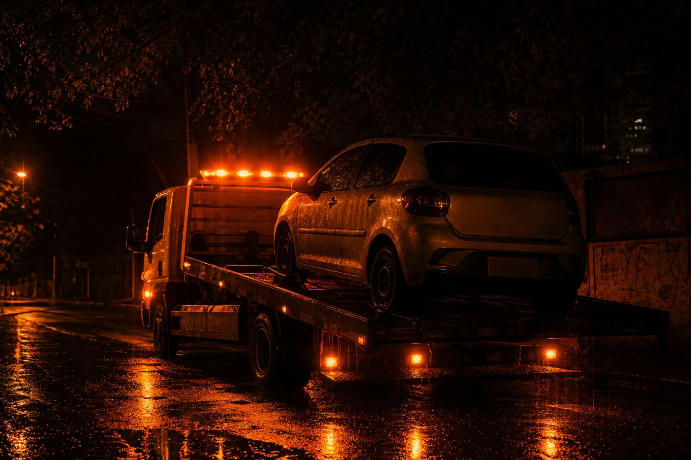 Carro sendo removido por guincho à noite